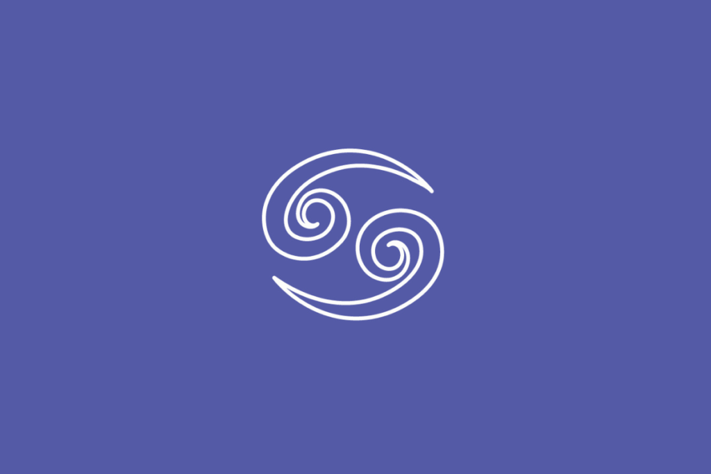 Símbolo do signo de Câncer desenhado em linhas brancas com detalhes em espiral, centralizado sobre um fundo azul-violeta