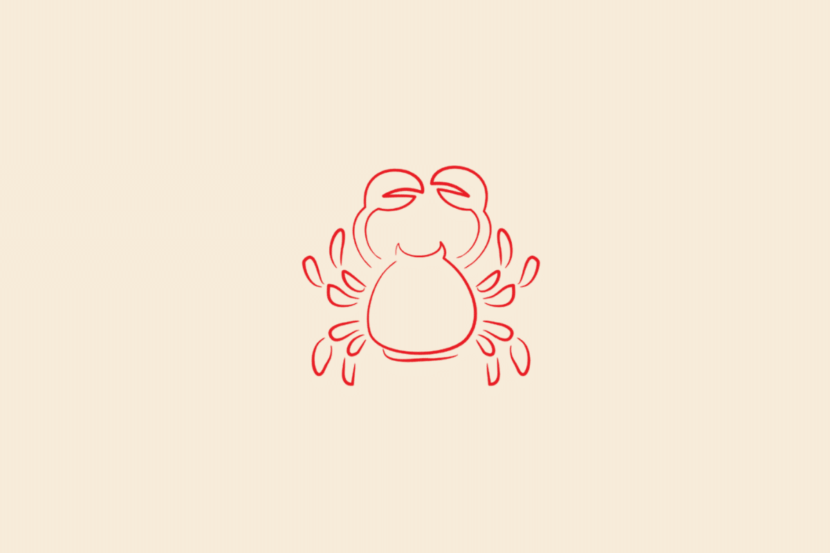 Ilustração minimalista de um caranguejo de frente, com patas abertas, em vermelho, representando o signo de Câncer sobre fundo bege.