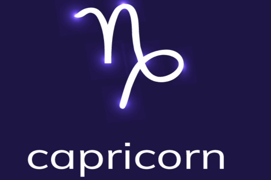 Imagem com fundo roxo-escuro e o símbolo astrológico de Capricórnio em branco, composto por linhas curvas que formam uma figura estilizada com uma volta oval na lateral direita. O desenho apresenta pontos de luz violeta e a palavra “capricorn” em branco na parte inferior.