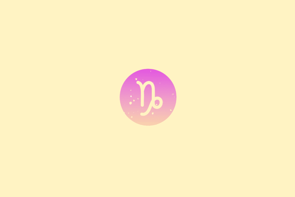 Ilustração minimalista do signo de Capricórnio, representado pelo símbolo estilizado do signo em tom creme. A figura aparece dentro de um círculo em degradê de rosa e lilás, com pequenos pontos decorativos sobre fundo amarelo-claro.