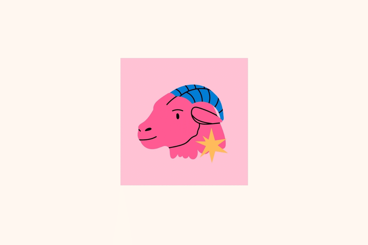 Ilustração estilizada do signo de Capricórnio centralizada em um quadrado rosa sobre fundo creme, destacando a cabeça de uma cabra rosa-choque de perfil, com chifres curvados azuis-cobalto e uma estrela amarela-dourada posicionada no pescoço