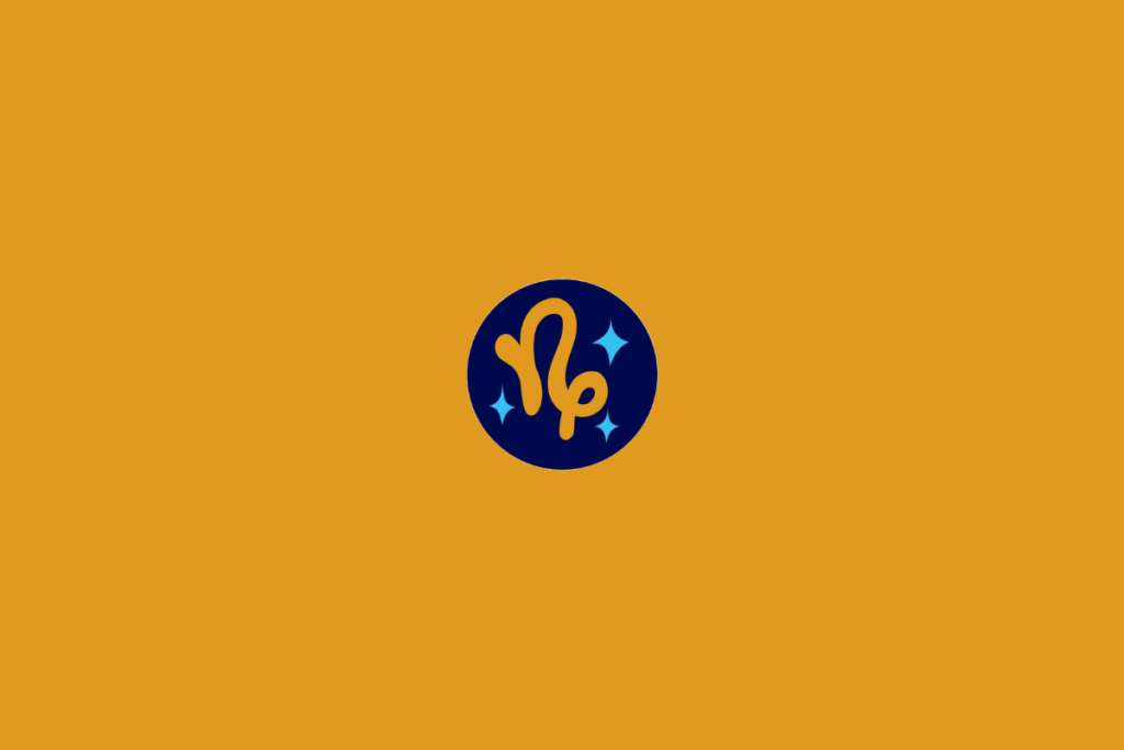 Ilustração estilizada do símbolo de Capricórnio em amarelo-dourado, com linhas curvas que formam o desenho característico do signo. O símbolo está dentro de um círculo azul-marinho, decorado com pequenas estrelas azul-claro. O fundo é laranja.