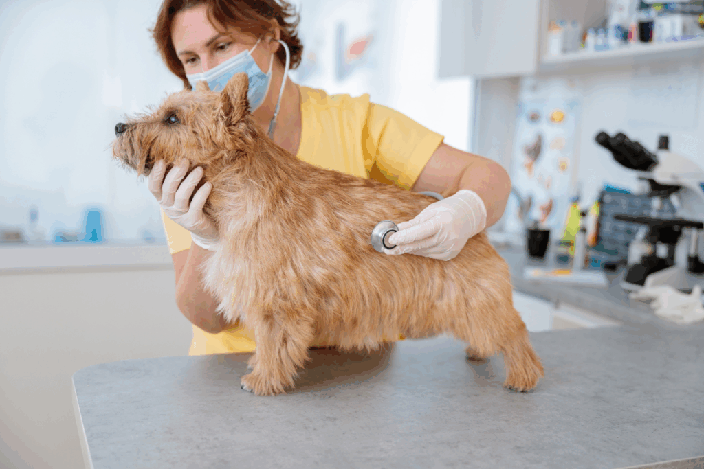 Uma médica veterinária de máscara e luvas examinando um cachorro da raça Norwich Terrier sobre uma mesa numa clínica. Ela segura suavemente o focinho do animal com uma mão enquanto ausculta o seu tórax com um estetoscópio com a outra