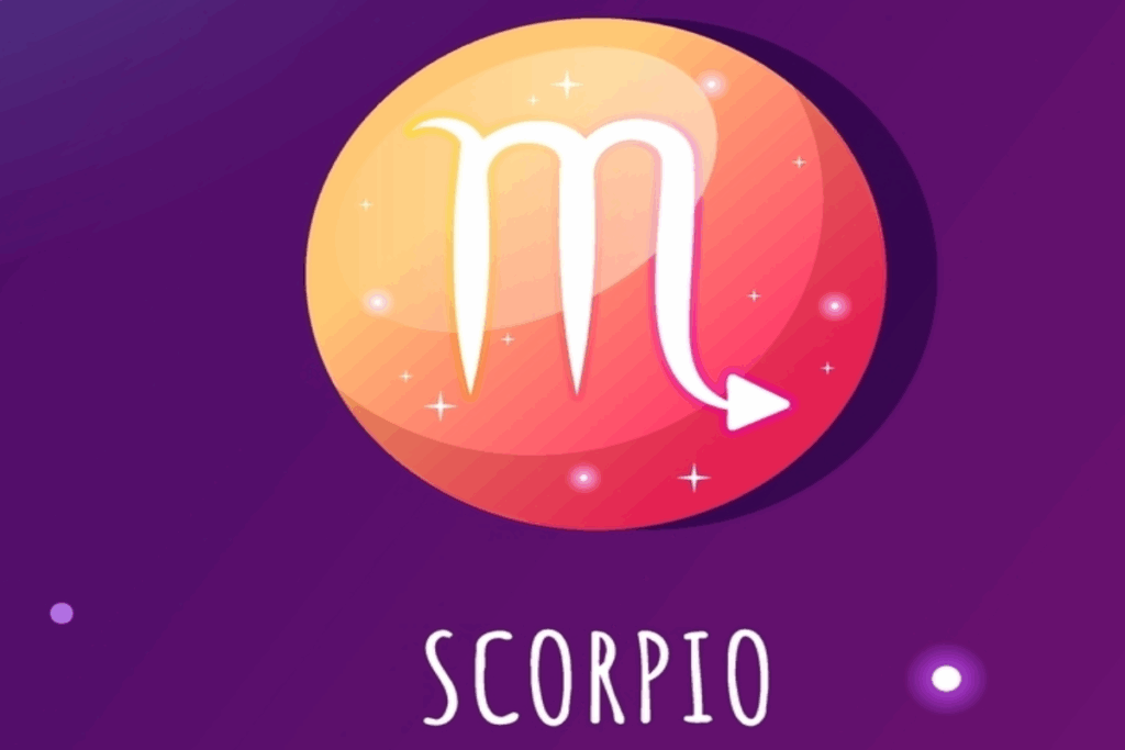 Ilustração do símbolo de Escorpião em branco, sobre um círculo em tons de laranja, vermelho e rosa, com estrelas e pontos luminosos. A palavra “Scorpio” aparece na parte inferior.