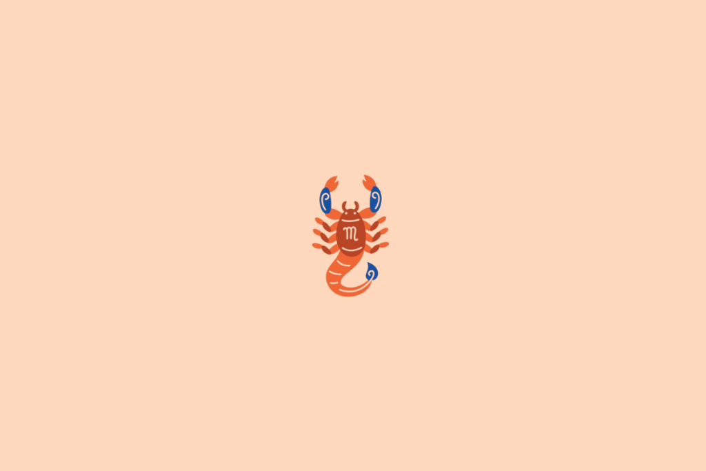 Ilustração de um escorpião estilizado, representando o signo de Escorpião, em tons de azul e laranja sobre fundo pêssego.
