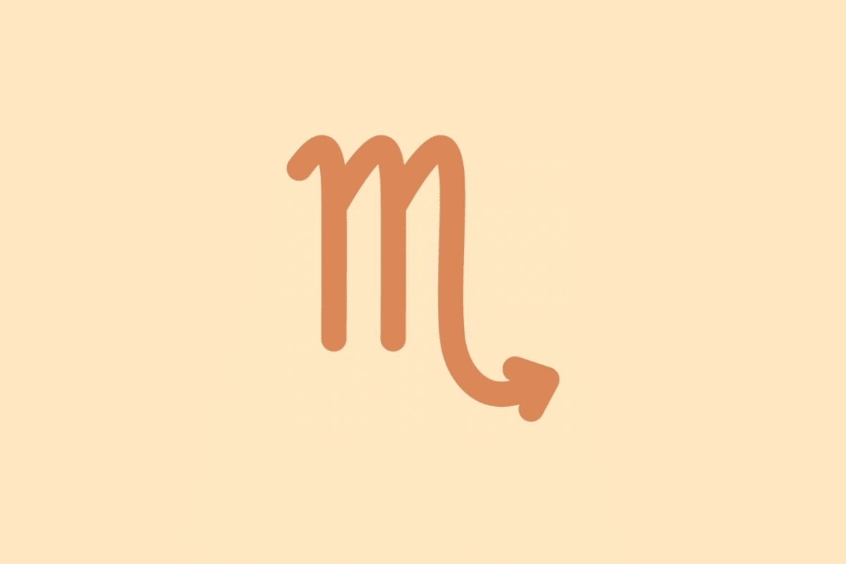 Símbolo minimalista do signo de Escorpião em tom terracota sobre fundo laranja