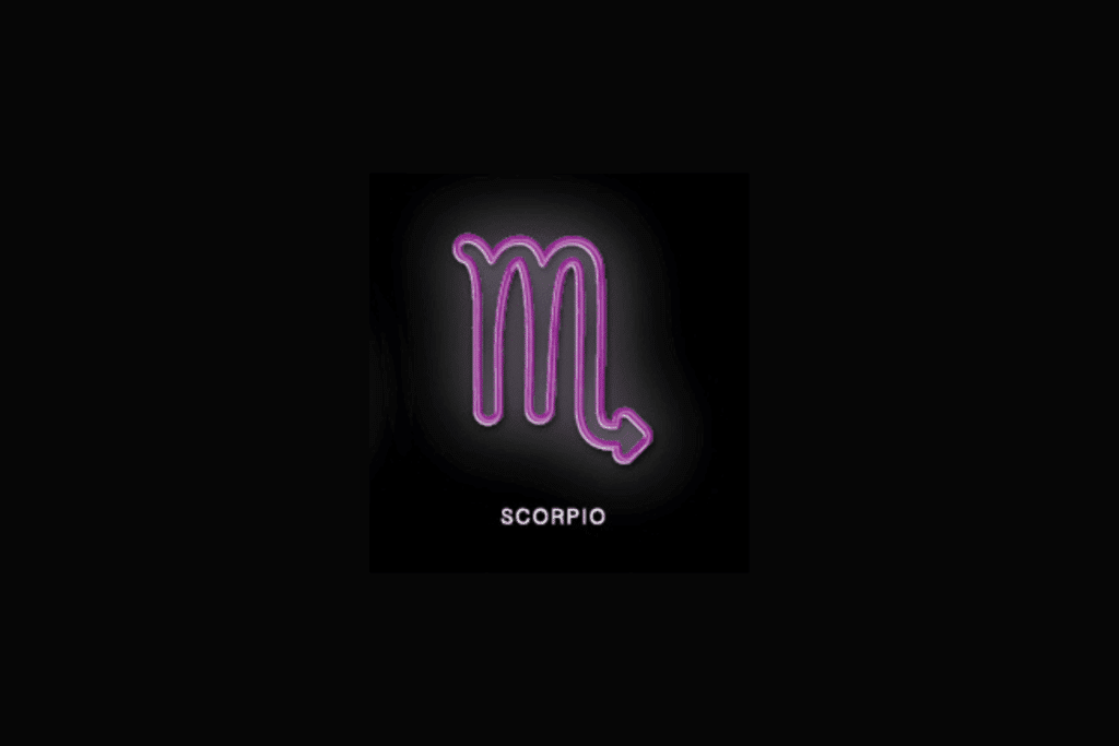 Sobre um fundo preto, o símbolo do signo de Escorpião é exibido em estilo néon roxo brilhante, acompanhado pela palavra "SCORPIO" escrita em letras maiúsculas brancas na parte inferior