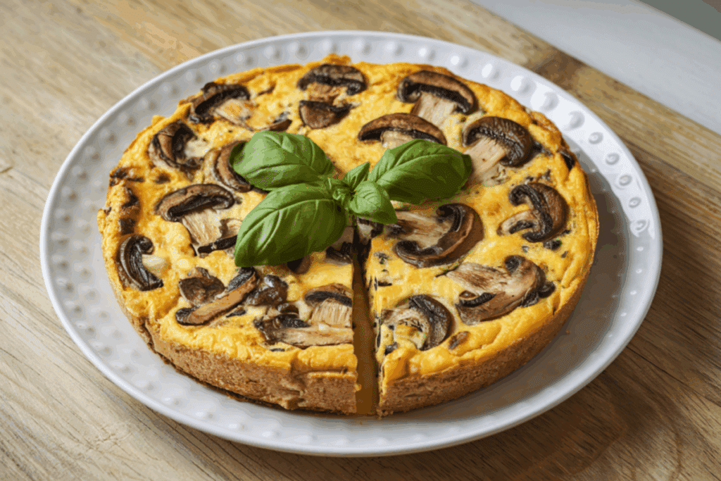 Frittata dourada recheada com fatias de cogumelos, decorada com folhas de manjericão fresco no centro, servida em um prato branco sobre mesa de madeira, com uma fatia já cortada.