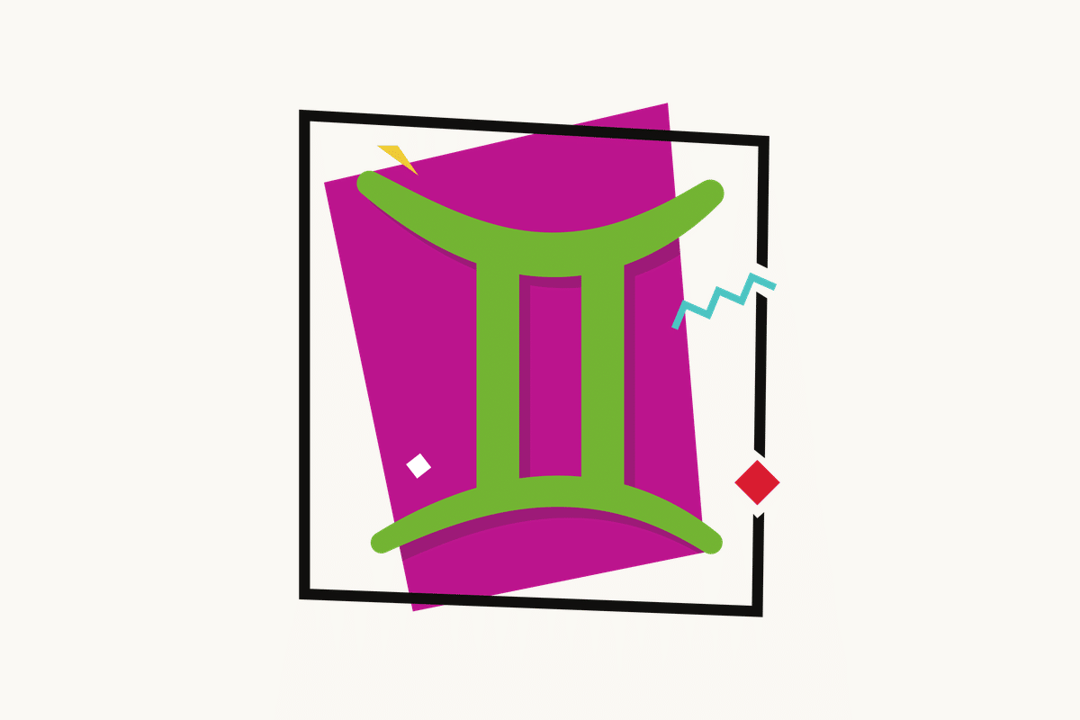 Ilustração do signo de Gêmeos, contendo o símbolo de dois traços verticais unidos por curvas nas pontas (como um II estilizado) em verde, centralizado sobre um quadrado magenta emoldurado em preto, com pequenos losangos e zigue-zagues coloridos ao redor, em fundo claro.