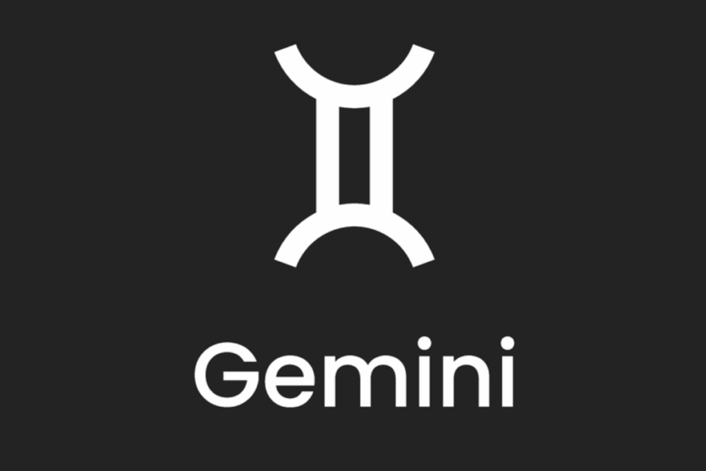 A imagem apresenta o símbolo astrológico e o nome do signo de gêmeos em branco, centralizado sobre um fundo liso em tom cinza-escuro, quase preto