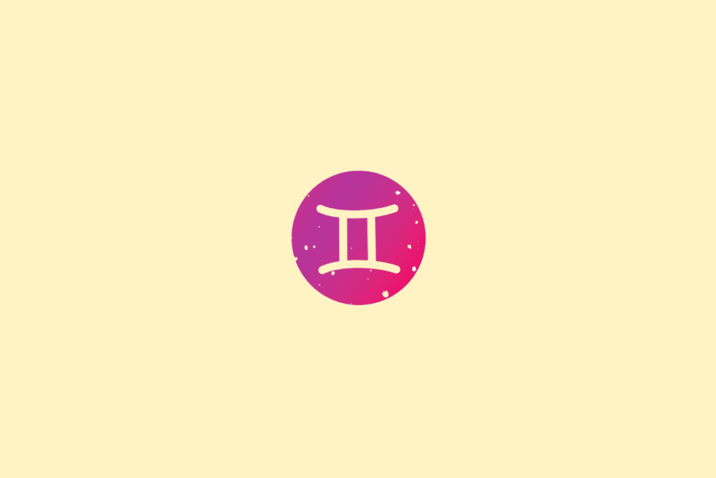 Ilustração minimalista do signo de Gêmeos, representado pelo símbolo formado por duas linhas verticais unidas por traços horizontais em tom creme. A figura aparece sobre um círculo em tom magenta, com pequenos pontos decorativos e fundo amarelo-claro.