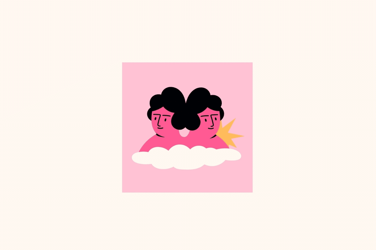 Ilustração estilizada do signo de Gêmeos centralizada em um quadrado rosa sobre fundo creme, retratando duas figuras humanas siamesas unidas pelas costas em rosa-choque com cabelos pretos, emergindo de uma nuvem branca, com uma estrela dourada surgindo ao lado direito