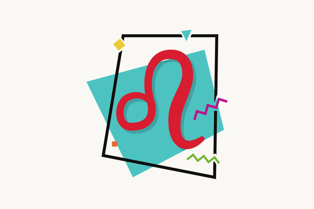 Ilustração do signo de Leão, contendo o símbolo de uma linha curva terminando em um laço circular, lembrando a cauda de um leão, em vermelho, centralizado sobre um quadrado azul-turquesa emoldurado em preto, com pequenos losangos e zigue-zagues coloridos ao redor, em fundo claro.