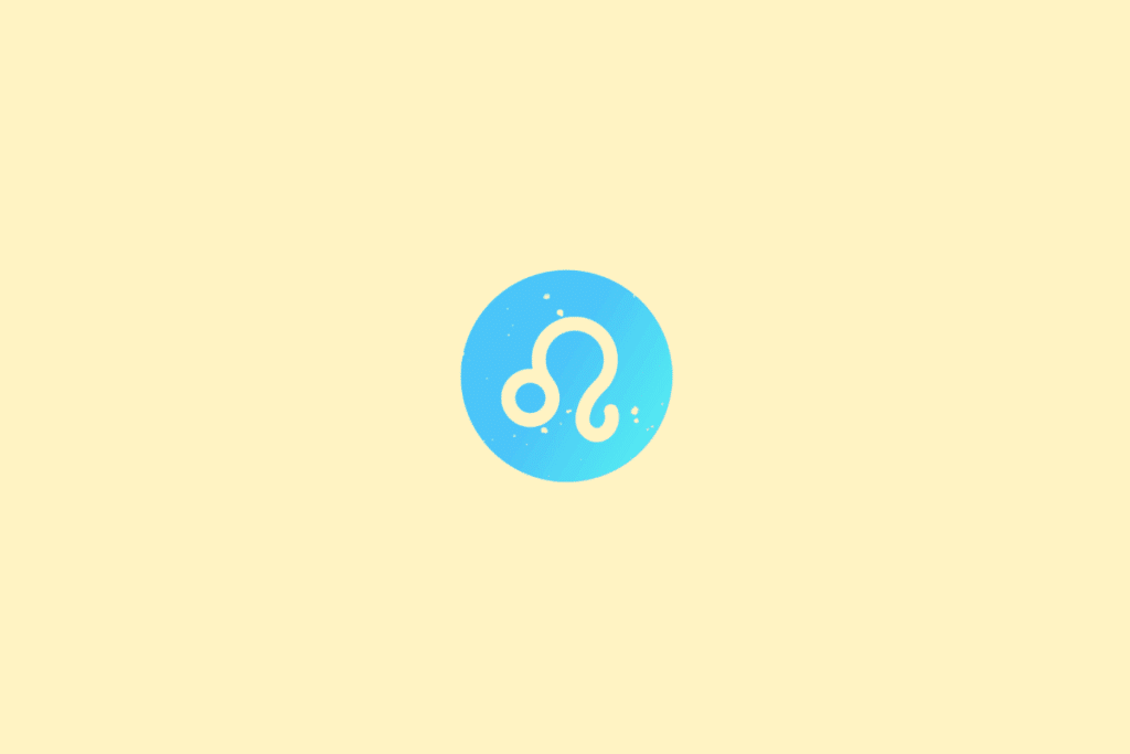 Ilustração minimalista do signo de Leão, representado pelo símbolo estilizado do signo em tom creme. O desenho está dentro de um círculo em degradê de azul e ciano, com pequenos pontos decorativos e fundo amarelo-claro.