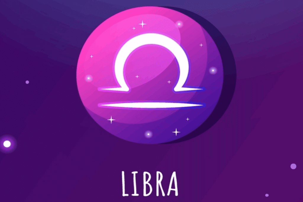 Ilustração do símbolo de Libra em branco, sobre um círculo em tons de rosa e roxo, decorado com estrelas. A palavra “Libra” aparece abaixo.