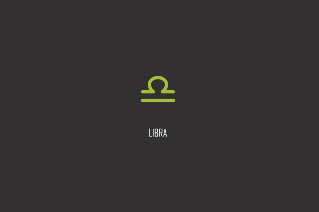 Símbolo verde de Balança com o nome LIBRA escrito abaixo, sobre fundo cinza escuro