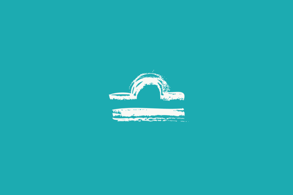 Fundo azul-turquesa. No centro, há um símbolo branco de Libra, formado por uma curva semelhante a um arco sobre uma linha horizontal. Abaixo, há duas linhas horizontais paralelas.