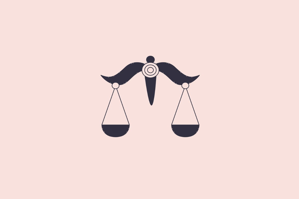 Ilustração estilizada e minimalista de uma balança, simbolizando o signo de libra, em tom azul-escuro sobre um fundo rosa-claro