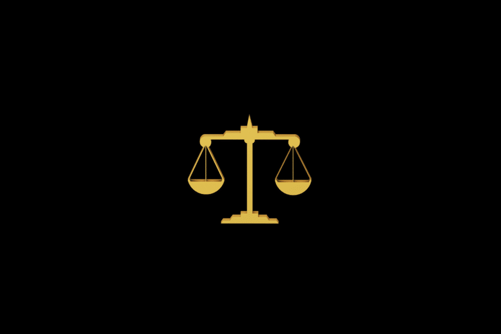 Ícone estilizado em tom dourado com efeito tridimensional sobre fundo preto, representando o signo de Libra através de uma balança de dois pratos equilibrados