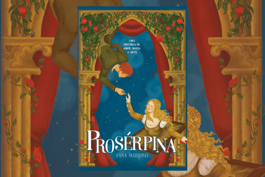 Capa de livro azul com ilustração de um homem ruivo pegando a mão de uma mulher loira em fundo azul