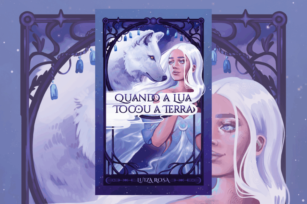 Capa de livro roxa com título e nome do autor em tons de roxo e ilustração de um lobo branco e de uma mulher com o cabelo branco, usando vestido roxo brilhante