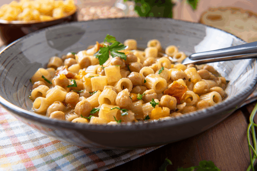 Prato fundo cinza com macarrão curto em tubinhos e grão-de-bico num caldo leve, com pedaços de tomate e salsinha fresca por cima. Uma colher de metal está apoiada no prato. Ao fundo aparecem uma tigela de macarrão cru e uma fatia de pão, sobre uma mesa de madeira com pano xadrez colorido.