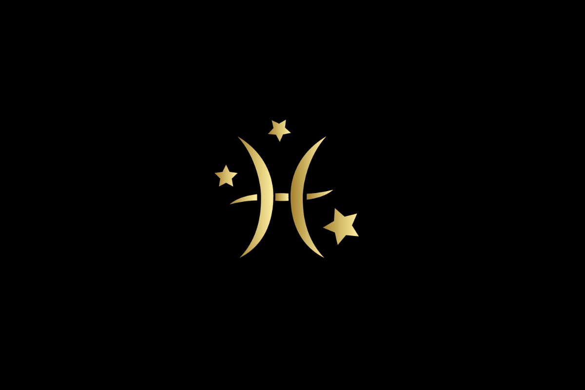 Ilustração minimalista do signo de peixes em dourado, centralizado sobre um fundo preto. O símbolo é acompanhado por três estrelas douradas de diferentes tamanhos