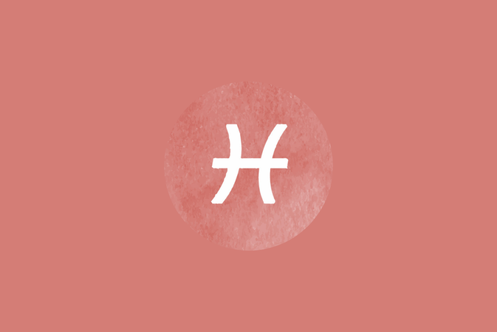Símbolo do signo de Peixes em tom branco, inserido dentro de um círculo rosa com textura aquarelada, centralizado sobre um fundo rosa-antigo