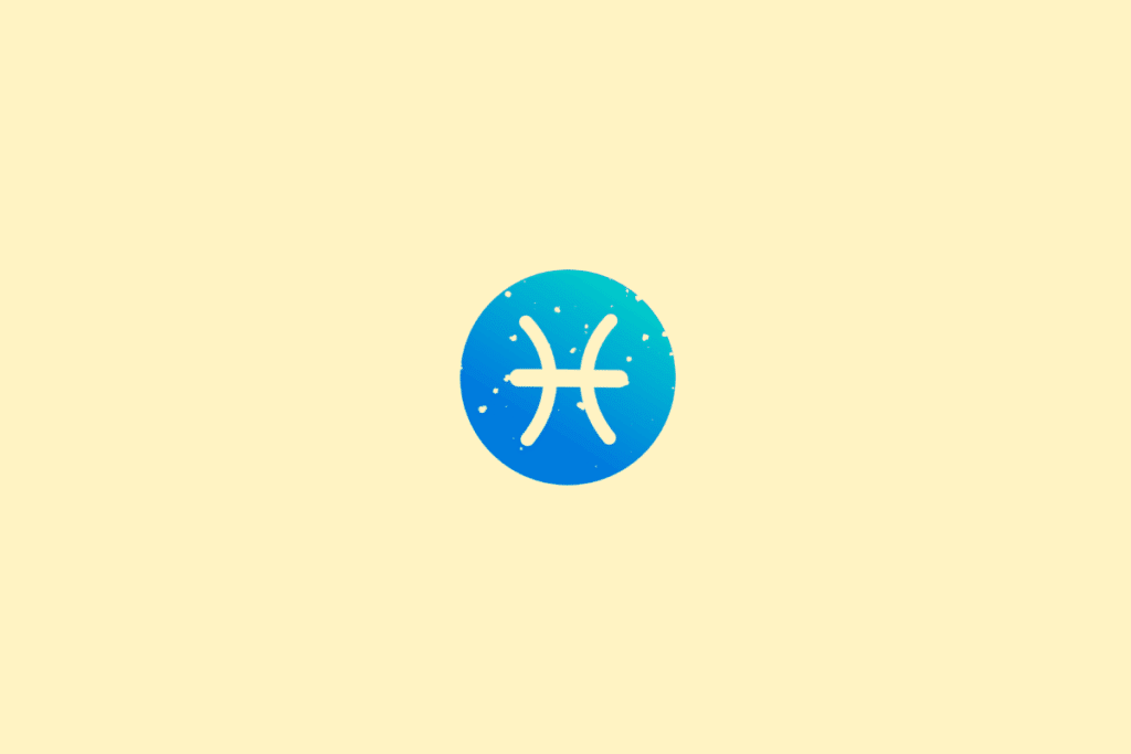 Ilustração minimalista do signo de Peixes, representado pelo símbolo de dois arcos curvos unidos por uma linha horizontal em tom creme. O desenho está dentro de um círculo em degradê de azul, sobre fundo amarelo-claro.