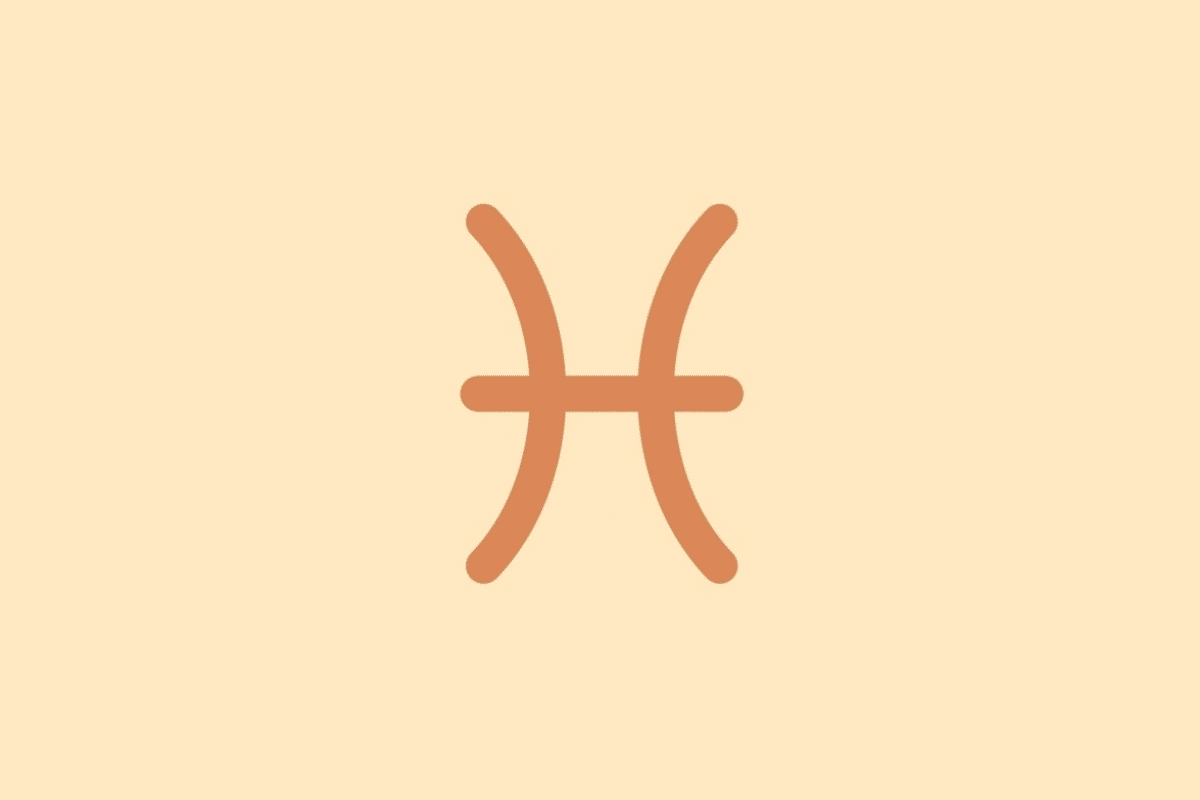 Símbolo minimalista do signo de Peixes em tom terracota sobre fundo laranja