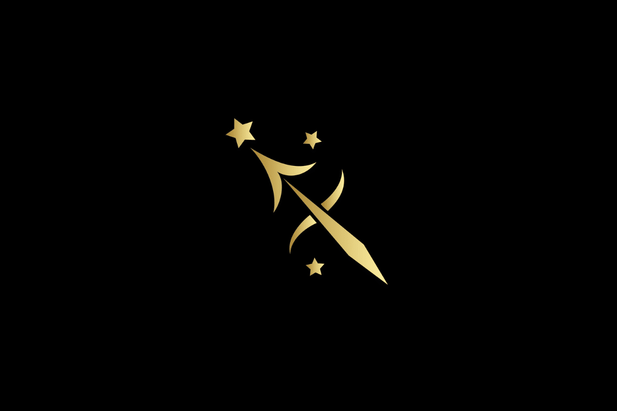 Ilustração minimalista do signo de sagitário em dourado, centralizado sobre um fundo preto. O símbolo é acompanhado por três estrelas douradas de diferentes tamanhos