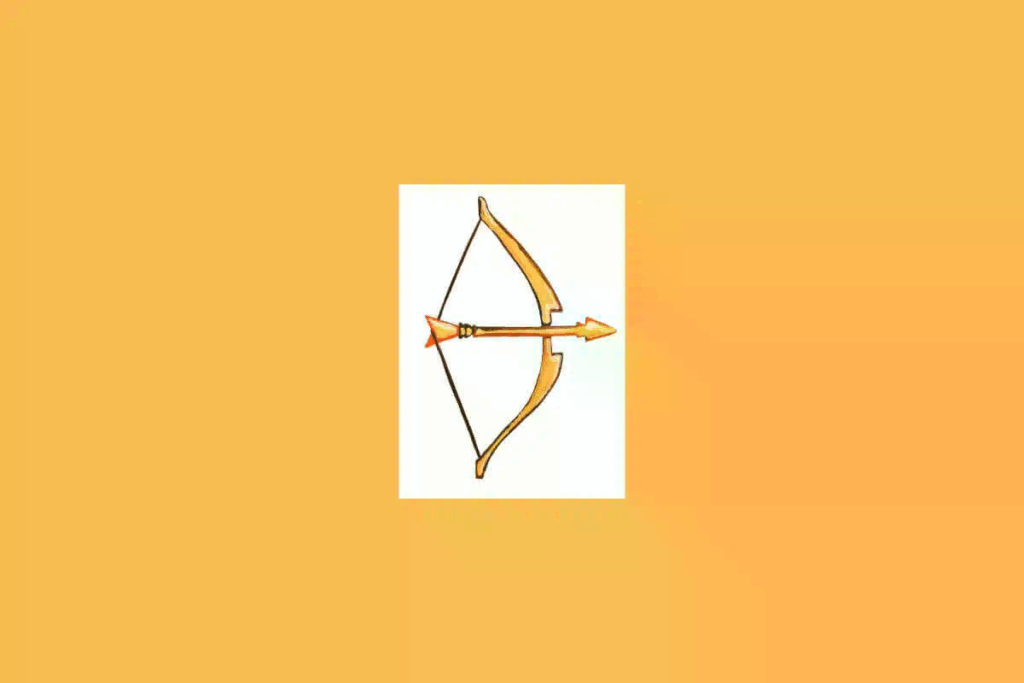Uma ilustração simples de um arqueiro ou flecha, representando o signo de Sagitário, sobre um fundo claro cercado por um tom alaranjado