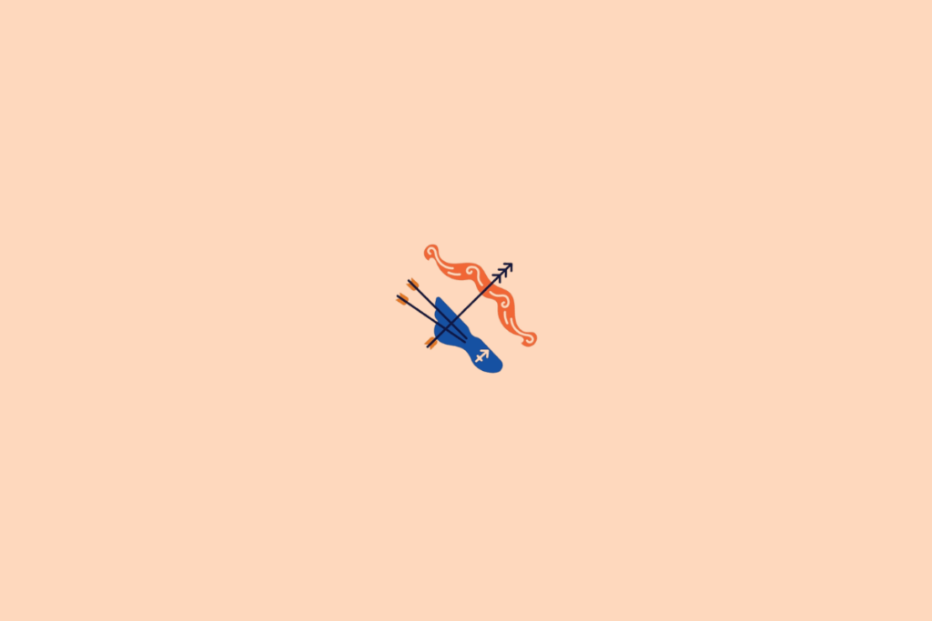 Ilustração de um arco e flecha estilizados, representando o signo de Sagitário, em tons de azul e laranja sobre fundo pêssego.