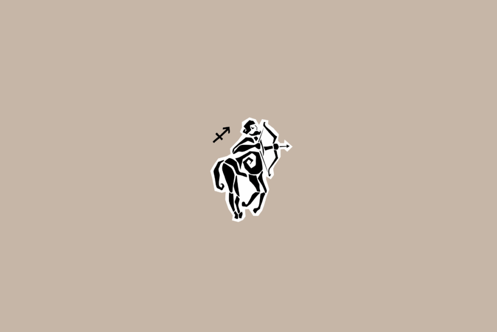 Ilustração gráfica de um centauro arqueiro em preto e branco, representando o signo de sagitário, sobre fundo bege 