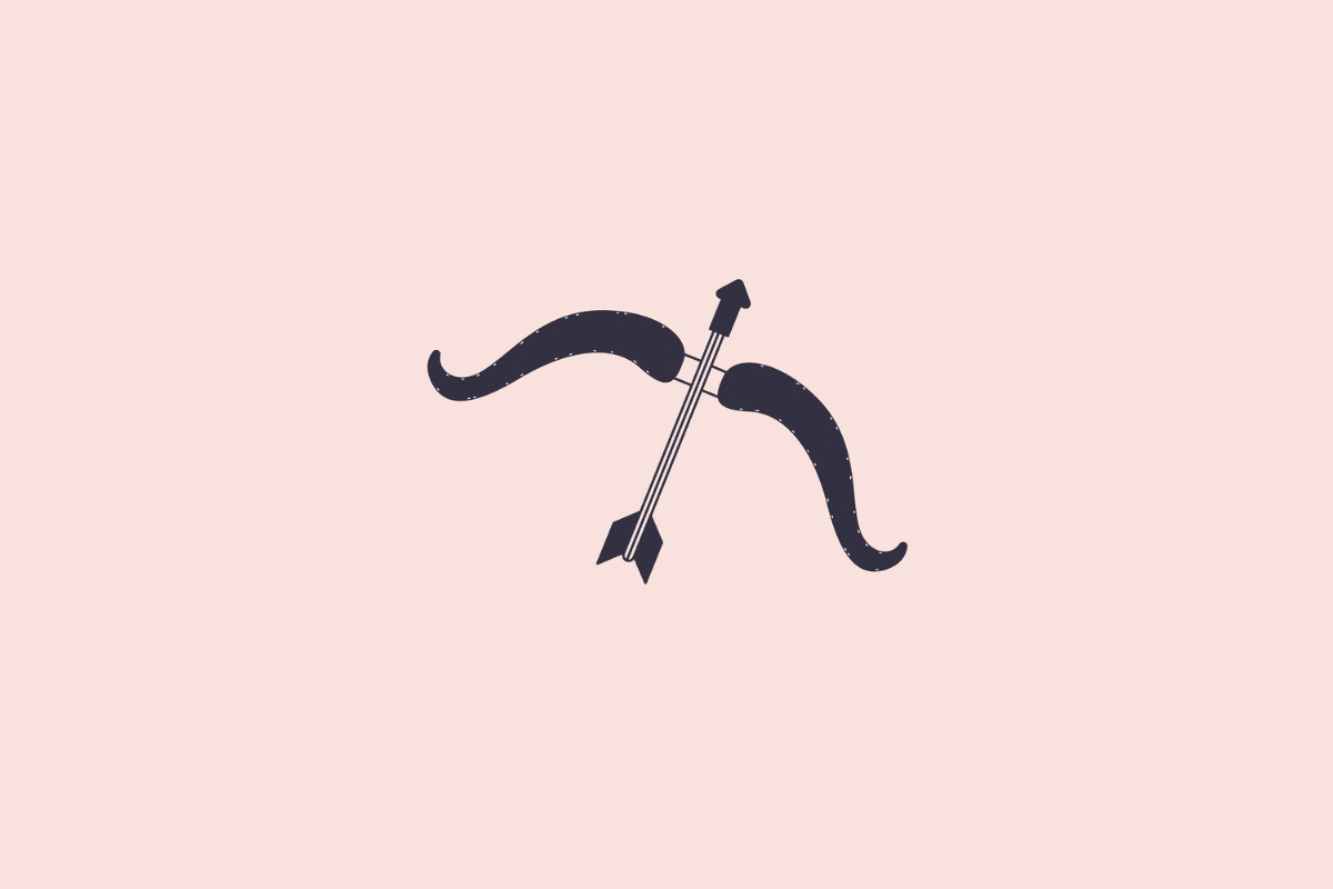 Ilustração estilizada e minimalista de um arco e flecha, simbolizando o signo de sagitário, em tom azul-escuro sobre um fundo rosa-claro