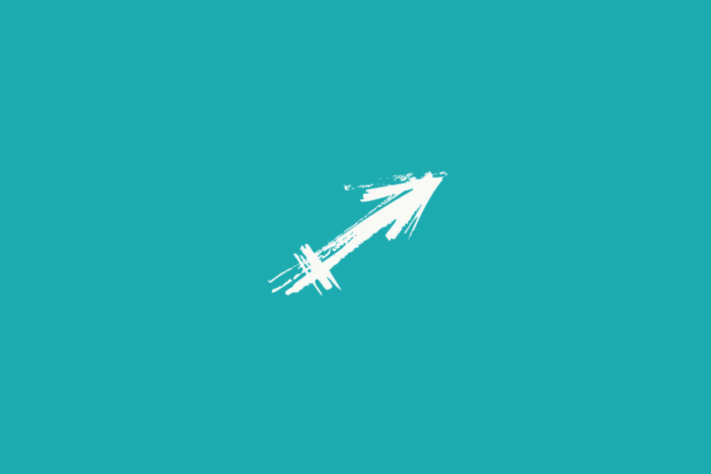 Fundo azul-turquesa. No centro, há um símbolo branco de Sagitário representado por uma flecha diagonal apontando para o canto superior direito. A flecha possui linhas cruzadas na extremidade inferior esquerda.