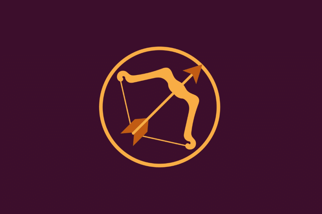 Ícone ilustrado em tons de amarelo e castanho sobre fundo roxo escuro, dentro de uma moldura circular, representando o signo de Sagitário através de um arco armado com uma flecha apontada para a diagonal superior direita