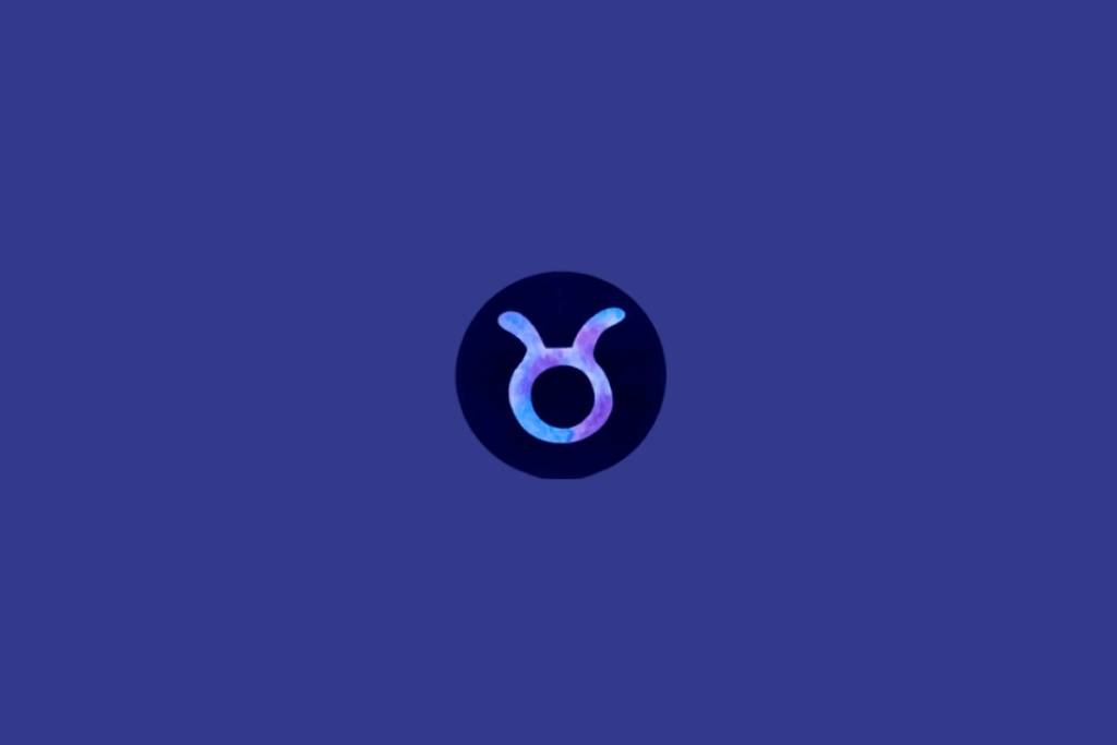 Símbolo do signo de Touro em tons de roxo e azul em círculo azul escuro, em fundo azul.