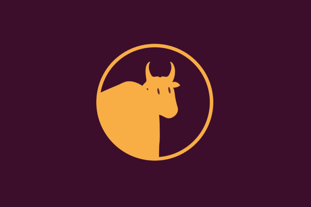 Ícone ilustrado em tom amarelo sobre fundo roxo escuro, dentro de uma moldura circular, representando o signo de Touro através do busto de um touro com dois cornos pontiagudos