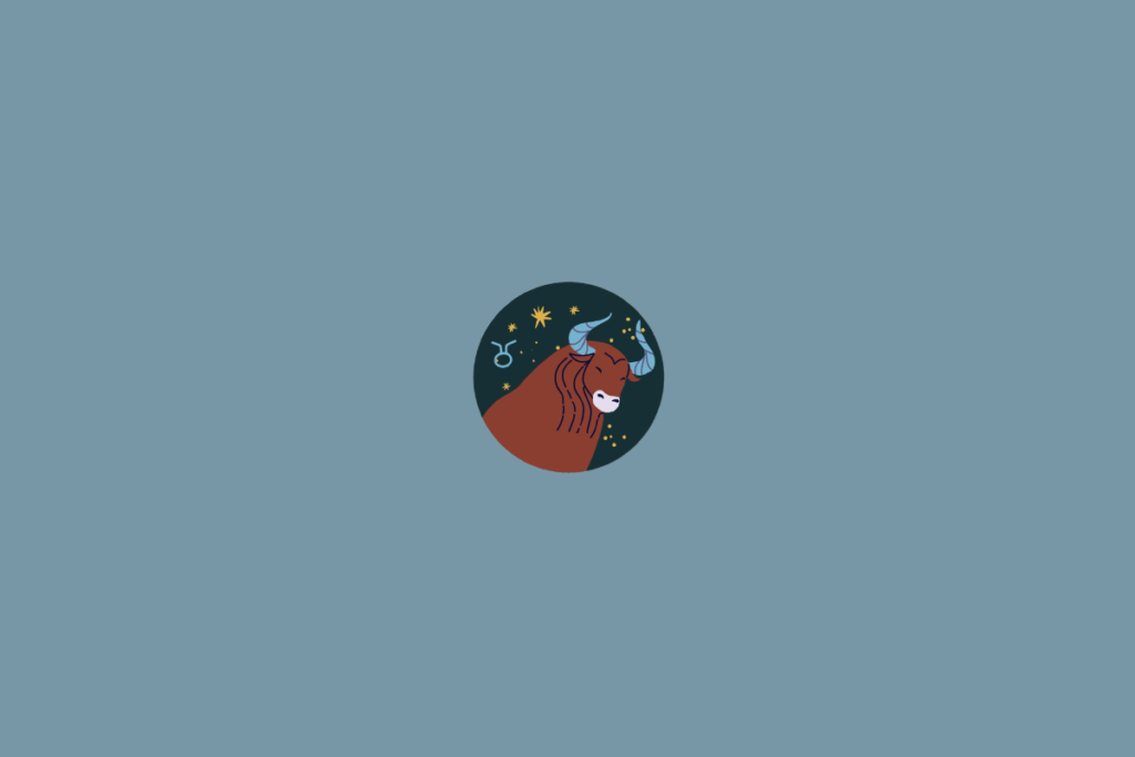 Ilustração circular de um touro em tons de marrom, com chifres azulados. O símbolo de Touro aparece ao lado, sobre fundo azul-escuro estrelado.