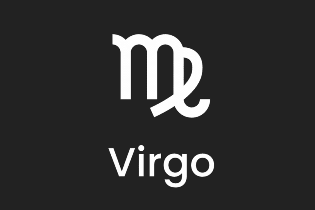 A imagem apresenta o símbolo astrológico e o nome do signo de virgem em branco, centralizado sobre um fundo liso em tom cinza-escuro, quase preto