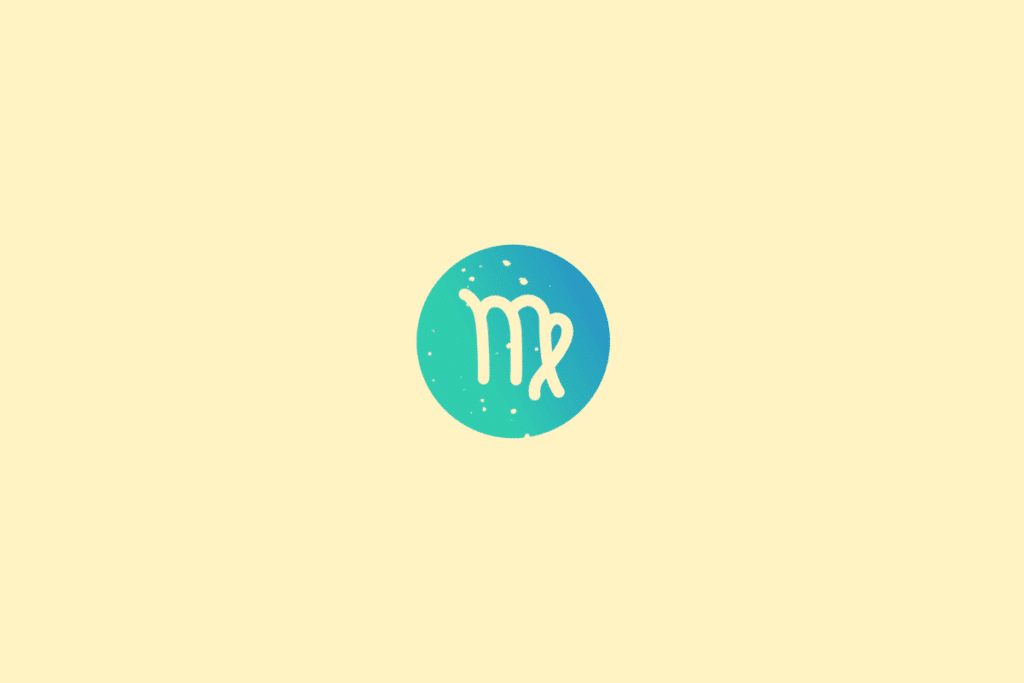 Ilustração minimalista do signo de Virgem, representado pelo símbolo estilizado em tom creme, com a terminação característica do signo. A figura aparece dentro de um círculo em degradê de verde e azul, com pequenos pontos decorativos e fundo amarelo-claro.