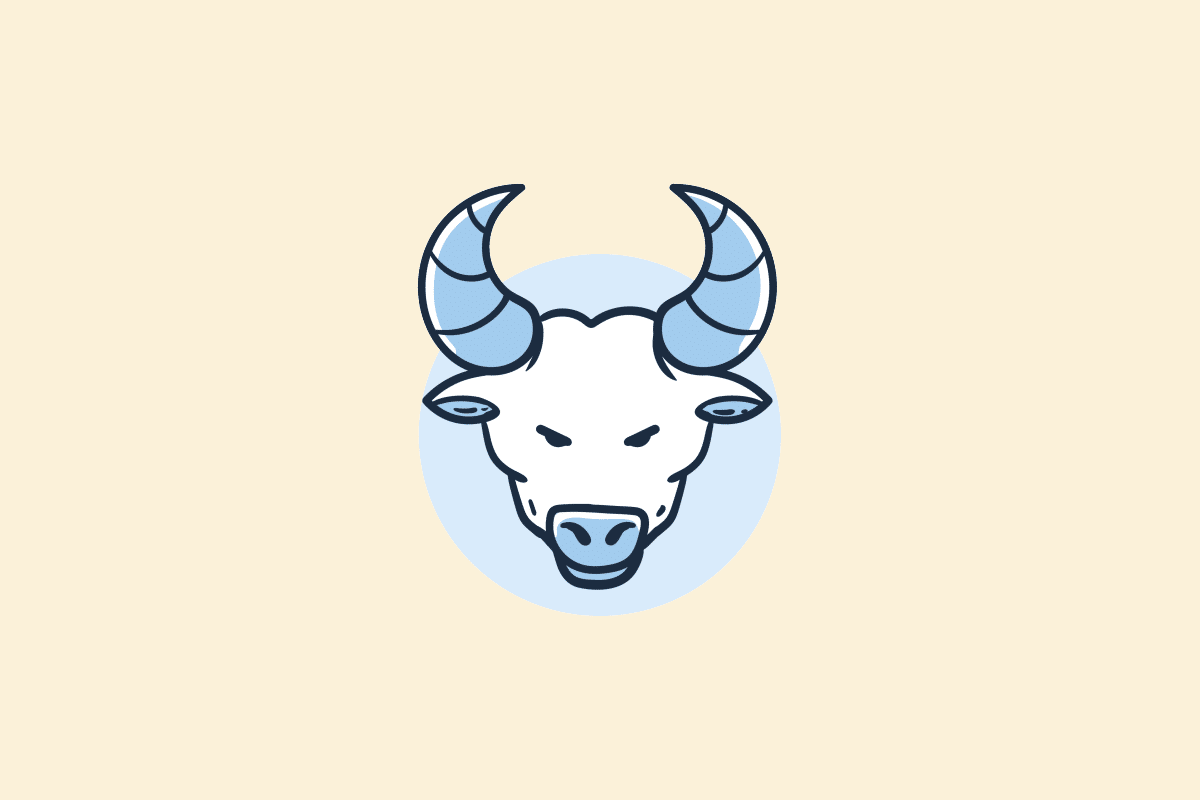 Ilustração do signo Touro: desenho em estilo de rabisco, com contorno azul-marinho, da cabeça de um touro vista de frente, com chifres azuis curvados para cima e focinho largo, sobre um círculo azul-claro; em fundo amarelo-claro.