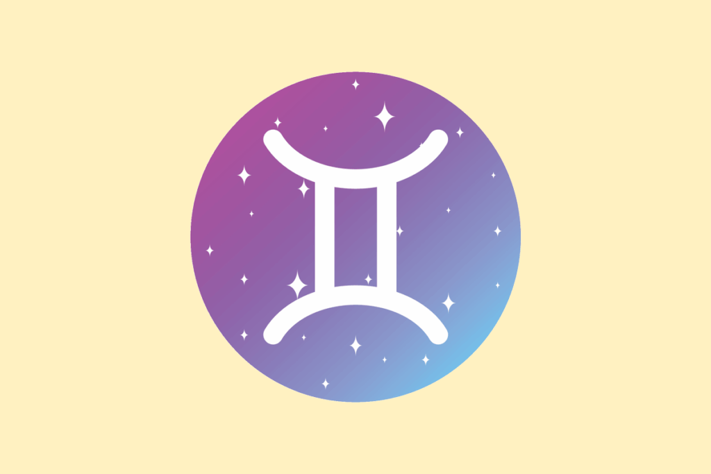 Ilustração do signo Gêmeos: círculo em degradê de roxo para azul, com pequenas estrelas brancas, e no centro o símbolo branco de Gêmeos, duas linhas verticais paralelas unidas por um traço curvo em cima e outro embaixo, como o numeral romano II; em fundo amarelo-claro.