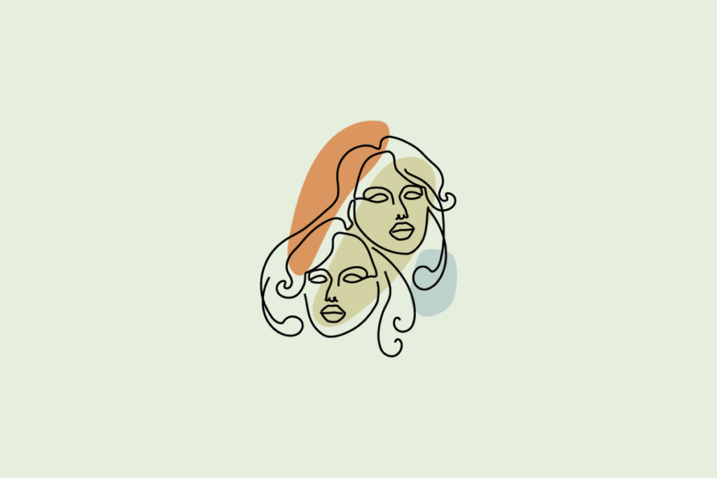 Ilustração do signo Gêmeos: desenho em traço contínuo preto de dois rostos femininos lado a lado, um mais acima e outro mais abaixo, com cabelos longos e ondulados, sobre manchas orgânicas em laranja e azul-acinzentado; em fundo verde-sálvia.