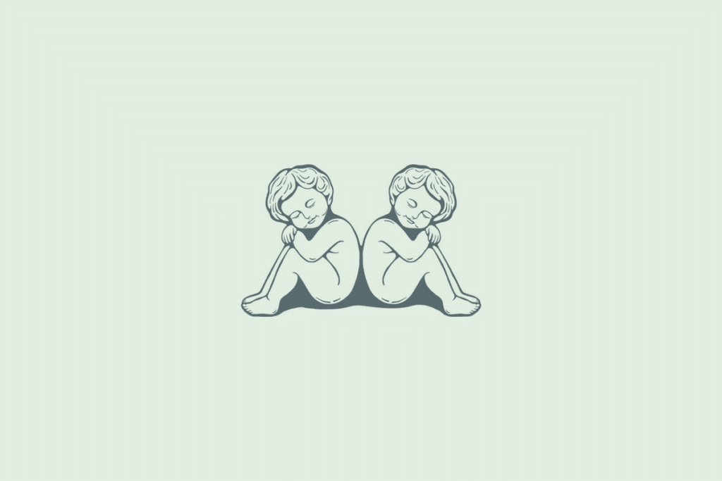 Ilustração em traço de duas crianças sentadas de costas uma para a outra, com os braços apoiados nos joelhos e olhos fechados, representando o signo de Gêmeos, sobre fundo verde-claro.