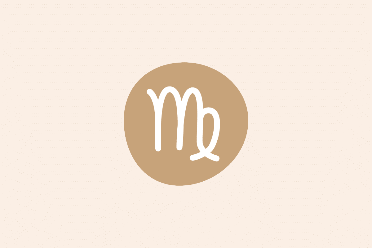 Símbolo do signo Virgem: traço branco de uma letra "m" com uma volta cruzada na última haste, dentro de uma mancha arredondada caramelo; em fundo pêssego-claro.