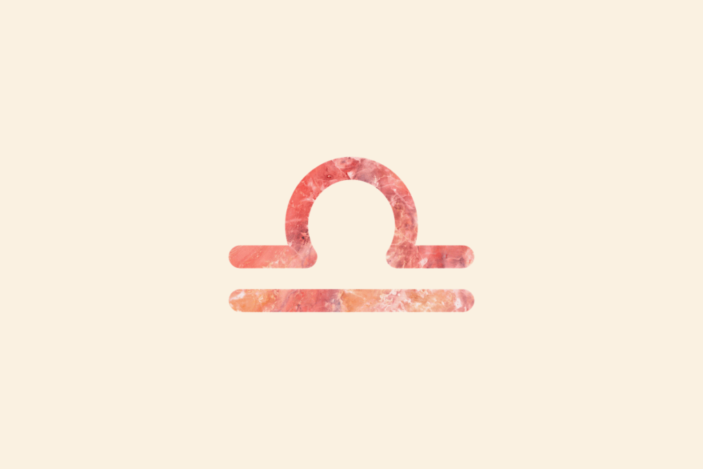 Ilustração do signo Libra, contendo o símbolo do signo com textura de mármore em tons de coral e rosa, formado por uma linha com um semicírculo no centro sobre outra linha reta, lembrando os pratos de uma balança, em fundo creme.