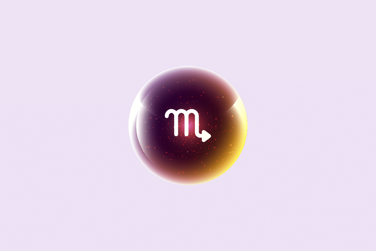 Ilustração do signo Escorpião, contendo uma esfera brilhante em tons de roxo, rosa e dourado com o símbolo branco de Escorpião, uma letra M com a última perna terminando em uma seta, como o ferrão do escorpião, em fundo lilás.
