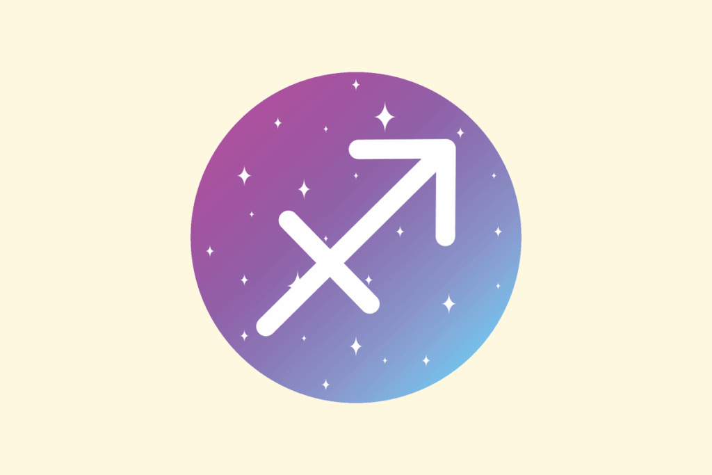 Ilustração do signo Sagitário: círculo em degradê de roxo para azul, com pequenas estrelas brancas, e no centro o símbolo branco de Sagitário, uma flecha diagonal apontando para cima e para a direita, cortada por um traço curto perpendicular perto da base; em fundo creme.